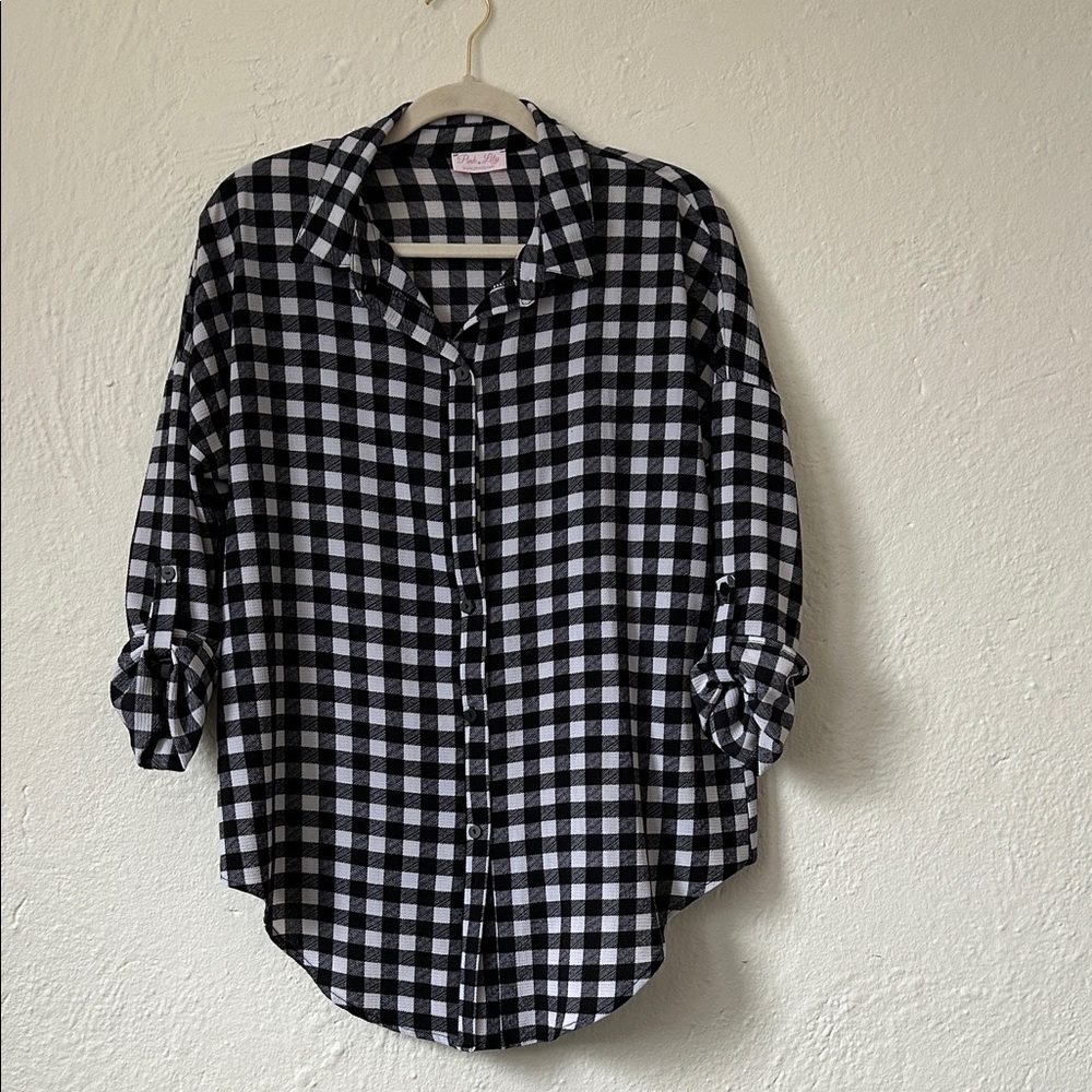 Pink Lily Black and White Plaid Button-Down Shirt